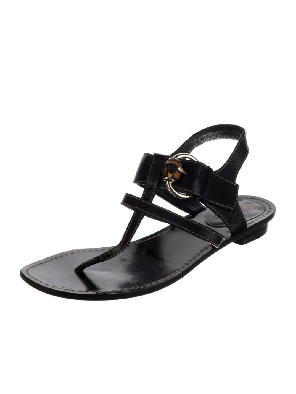 Gucci Black Leather T-Strap Sandals with Gold-Tone Buckle